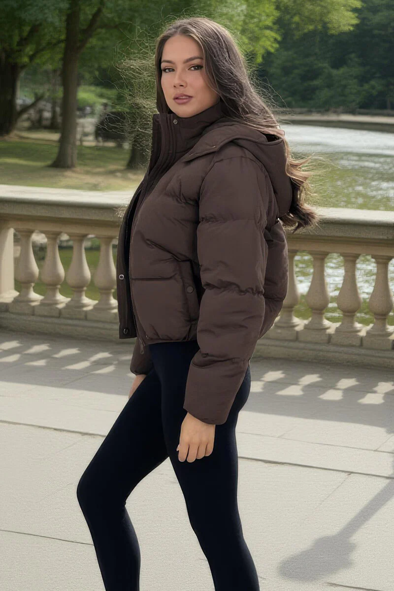 Chocolate Hooded Short Puffer Coat - Swimclubus