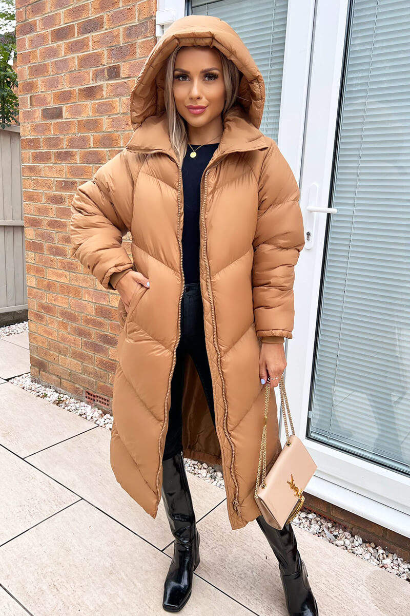 Camel Hooded Long Puffer Coat - Swimclubus