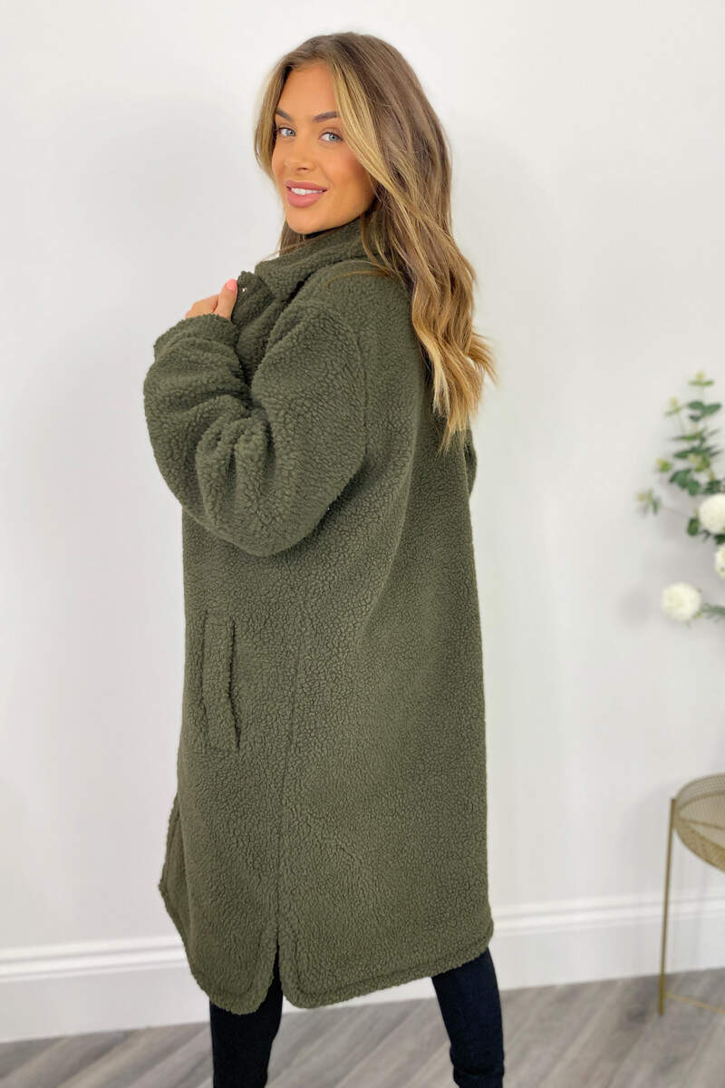 Khaki Oversized Teddy Faux Fur Front Pocket Coat - Swimclubus