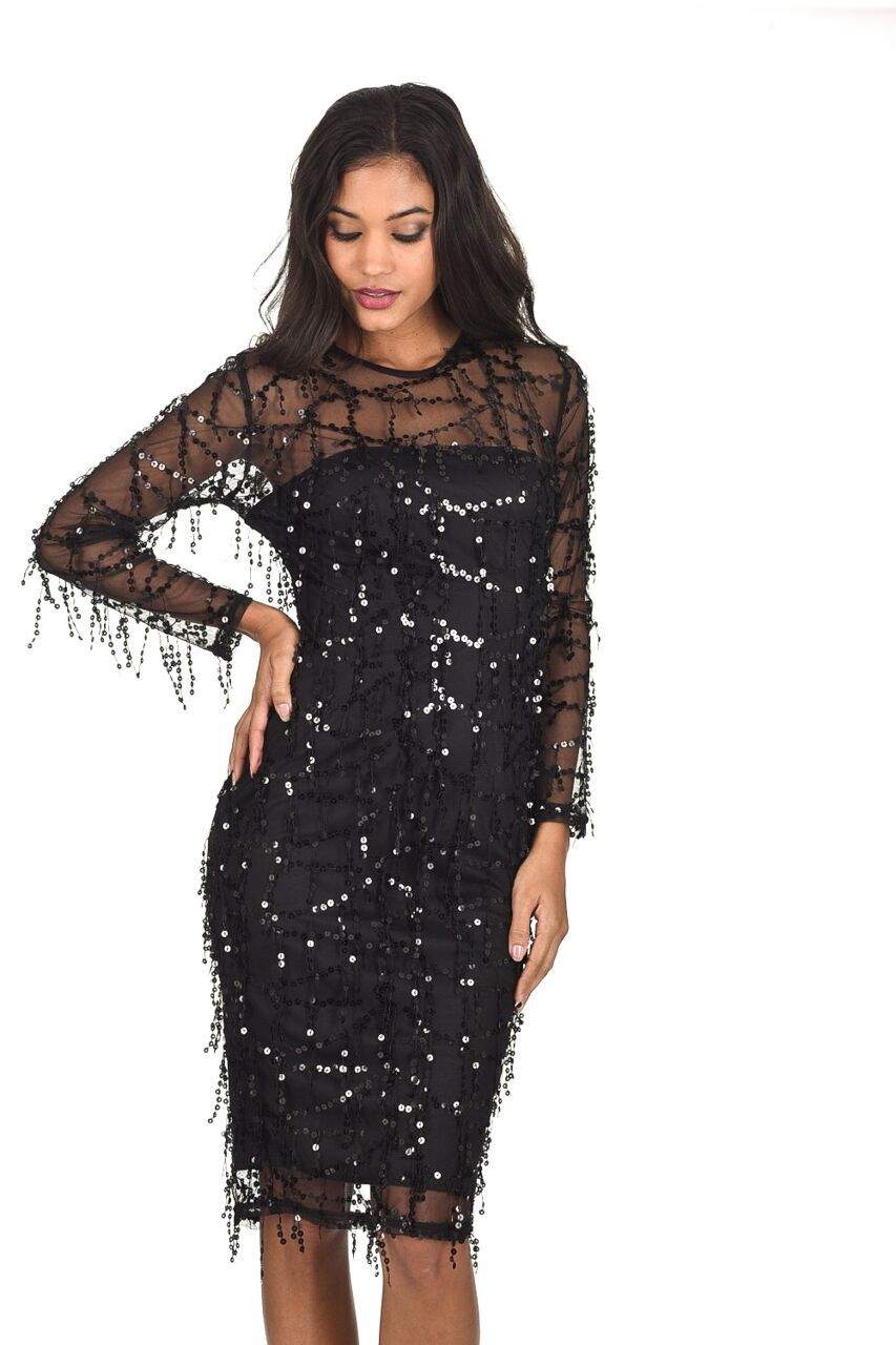 Black 3/4 Sleeve Sequin Dress - Swimclubus