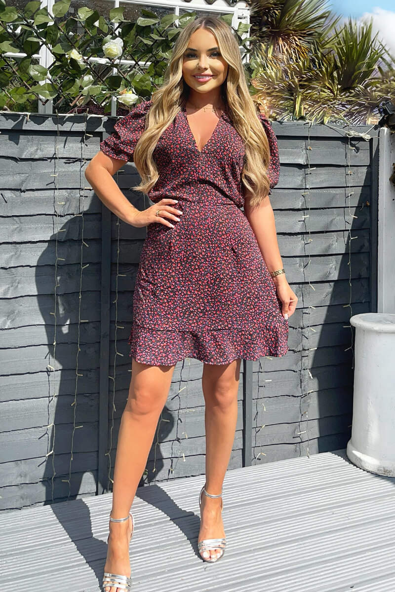 Floral Printed Short Sleeve Mini Skater Dress - Swimclubus