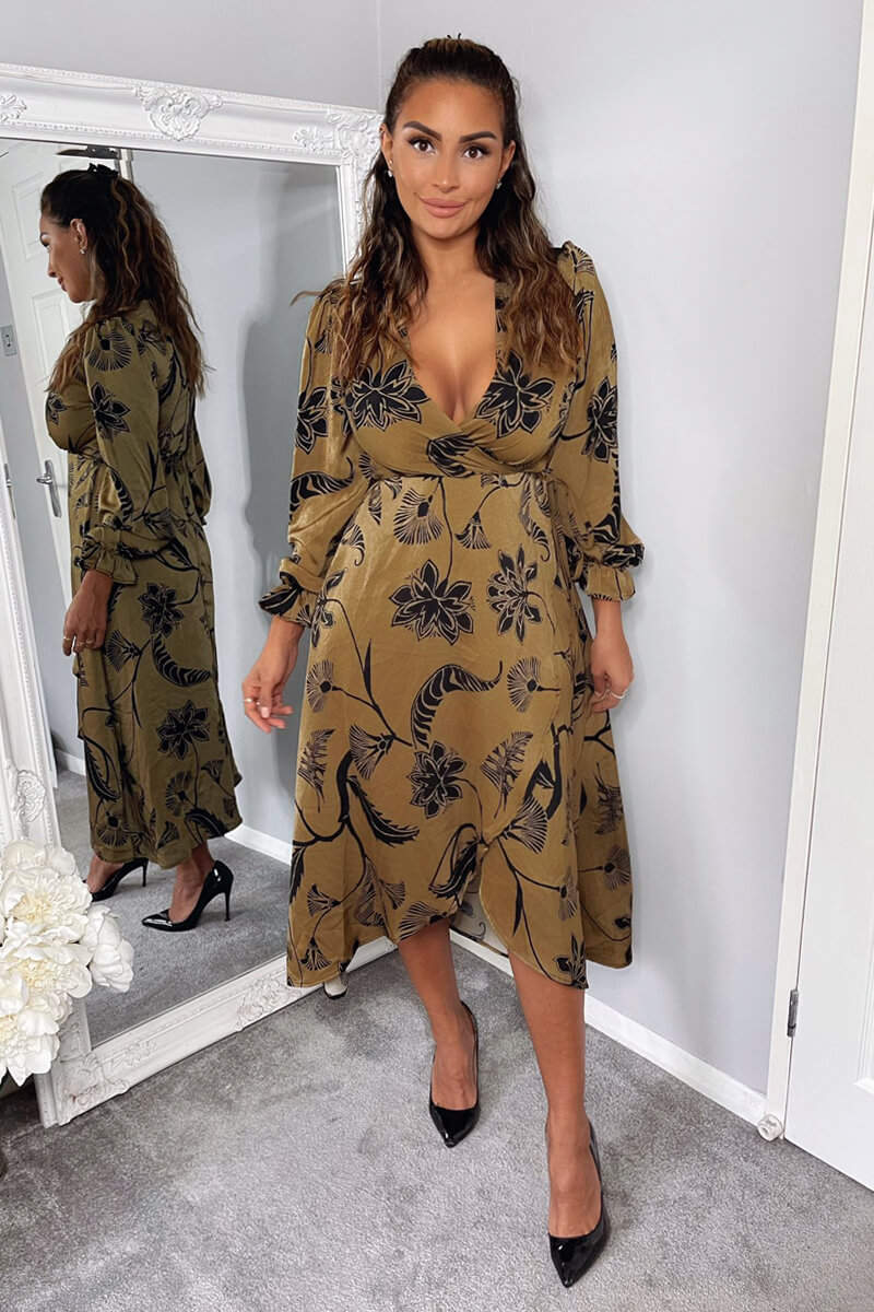 Multi Floral Print Long Sleeve Wrap Midi Dress - Swimclubus
