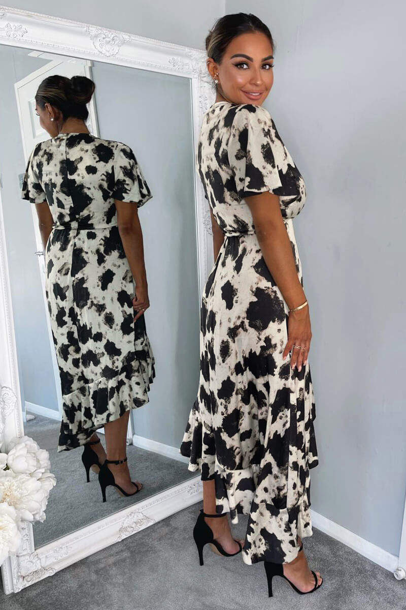 Black And Stone Abstract Print Wrap Midi Dress - Swimclubus