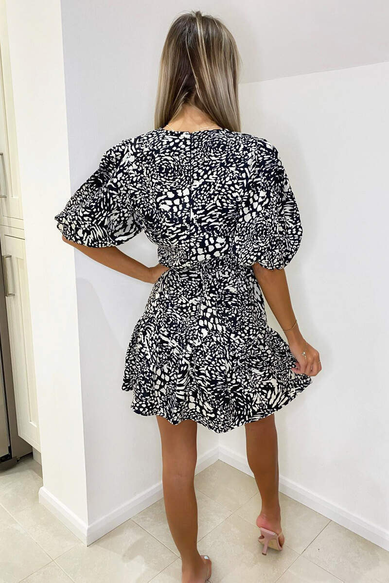 Black Multi Print Puff Sleeve Skater Dress - Swimclubus