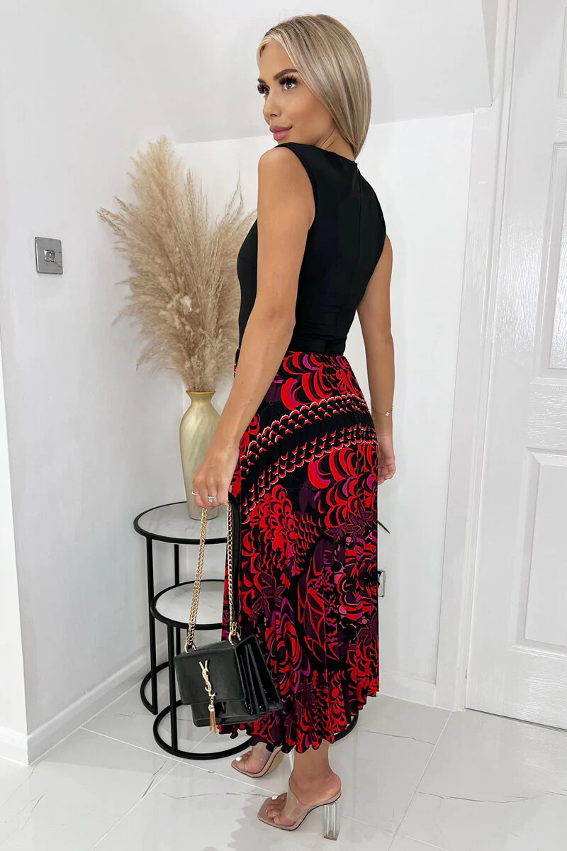 Black And Red Printed 2 in 1 Pleated Skirt Midi Dress - Swimclubus