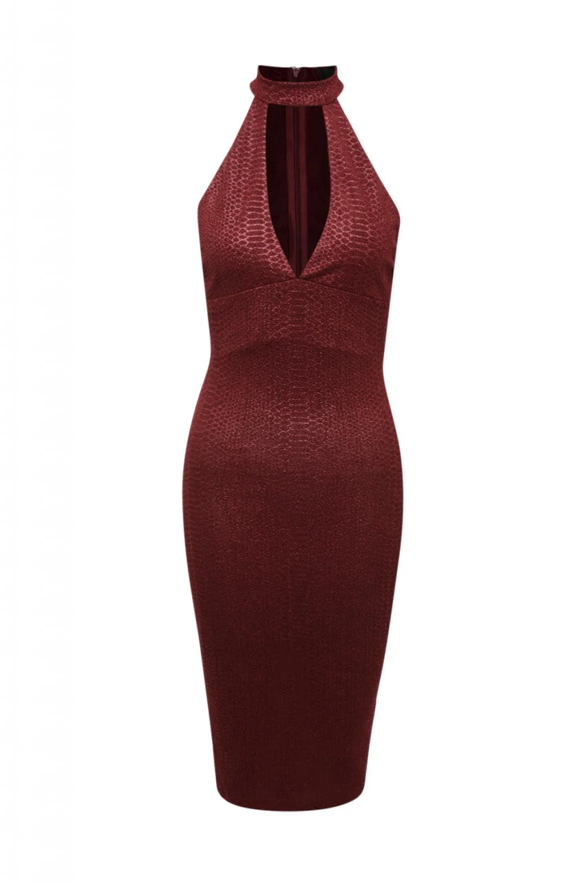Red Wine Textured Midi Dress with Cut-Out Neck Detail - Swimclubus