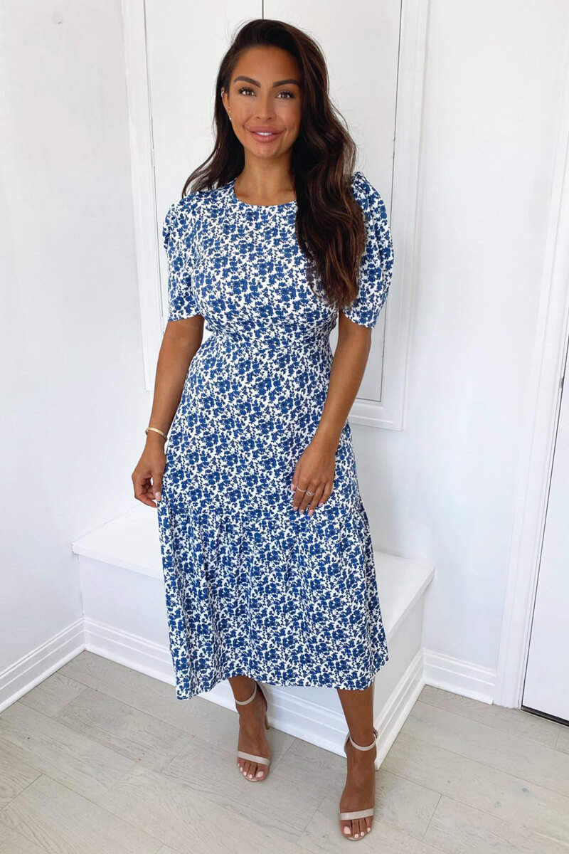 Blue Floral Frill Sleeve Midi Dress - Swimclubus