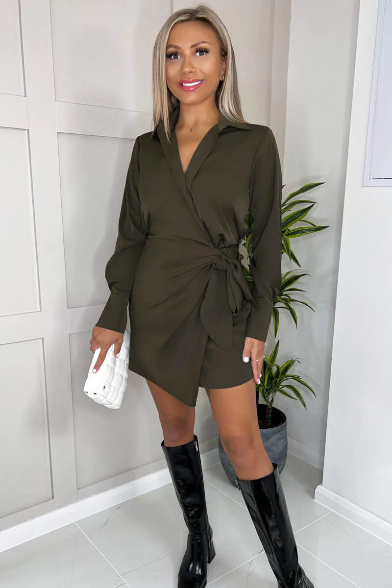 Olive Tie Wrap Long Sleeve Mini Dress - Swimclubus