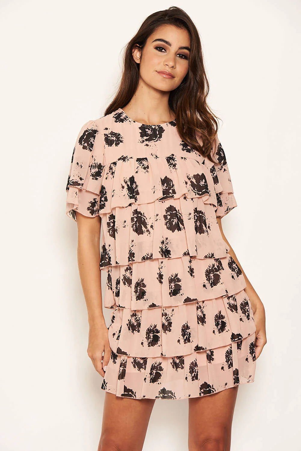 Dusty Pink Floral Printed Tiered Dress - Swimclubus