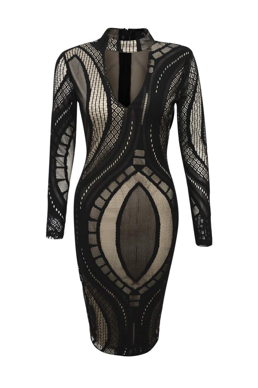 Black/Nude Mesh Bodycon Dress with Contrast Cut-Out-Neck Style - Swimclubus
