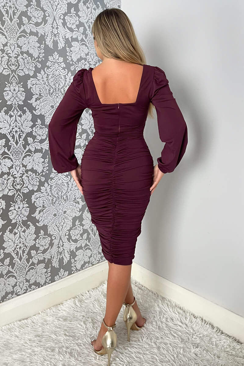 Plum Square Neck Ruched Long Sleeve Midi Dress - Swimclubus