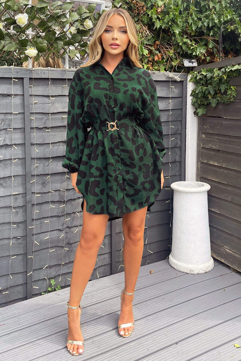 Green Leopard Print Belted Shirt Dress - Swimclubus