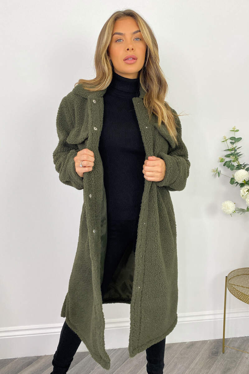 Khaki Oversized Teddy Faux Fur Front Pocket Coat - Swimclubus