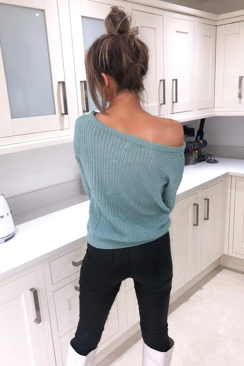 Duck Egg Off The Shoulder Knitted Jumper - Swimclubus