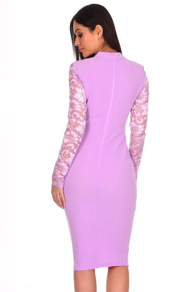 Lilac Choker Neck Lace Sleeve Midi Dress - Swimclubus