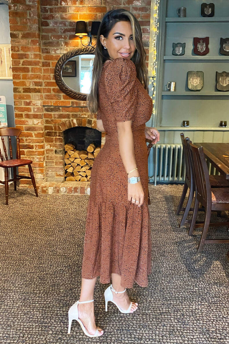 Tan Animal Printed Frill Hem Midi Dress - Swimclubus