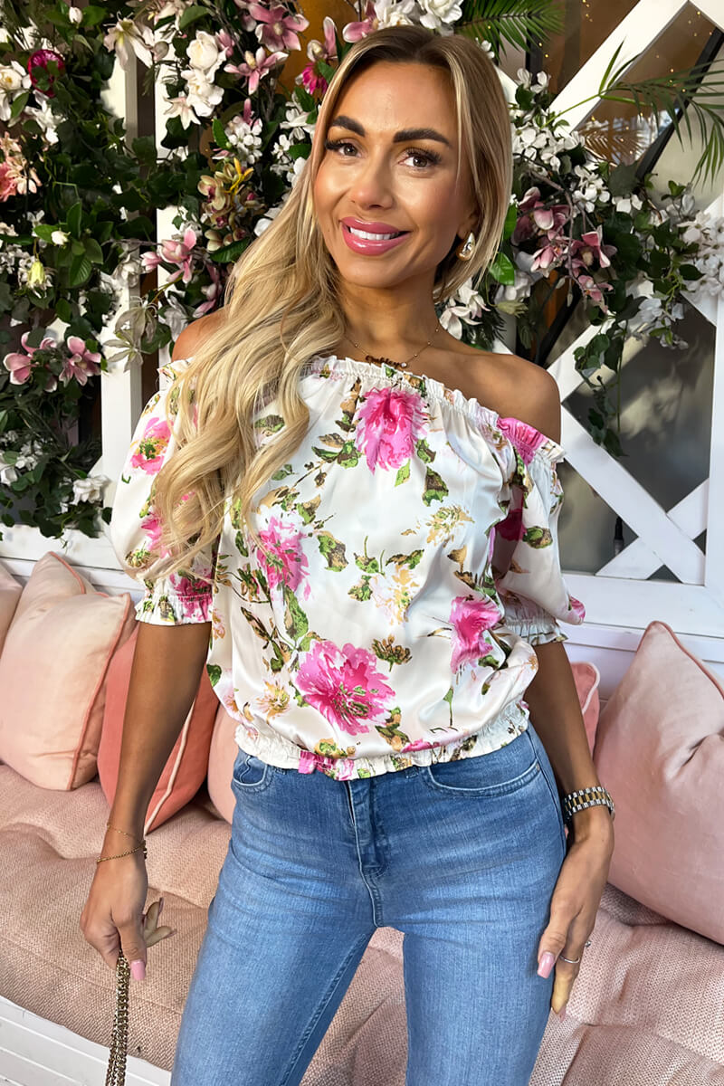 Cream Floral Print Elasticated Off The Shoulder Frill Detail Top - Swimclubus