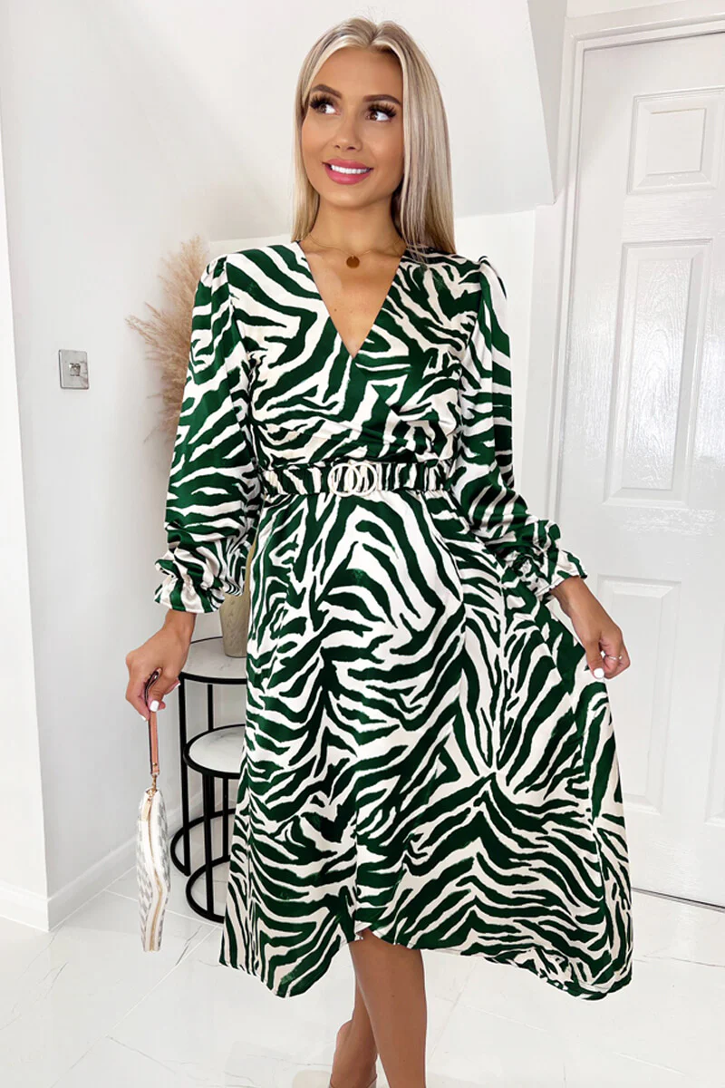 Green Animal Printed Belted Midi Dress - Swimclubus