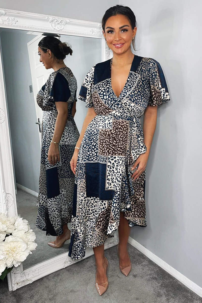 Navy Animal Print Patchwork Wrap Midi Dress - Swimclubus