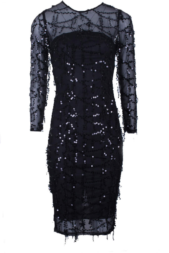 Black 3/4 Sleeve Sequin Dress - Swimclubus