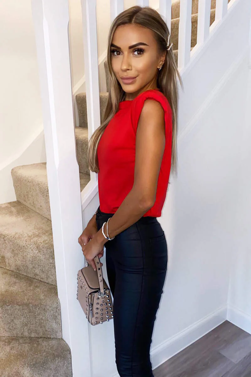 Red Padded Shoulder Sleeveless T-Shirt - Swimclubus