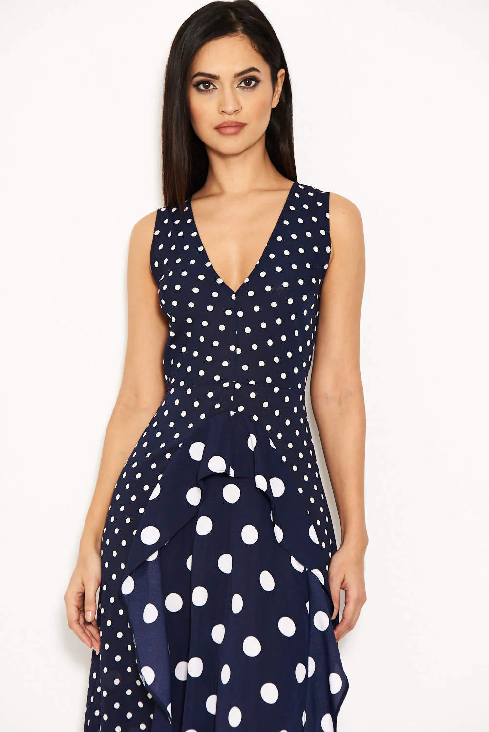 Navy Polka Dot Asymmetric Dress - Swimclubus