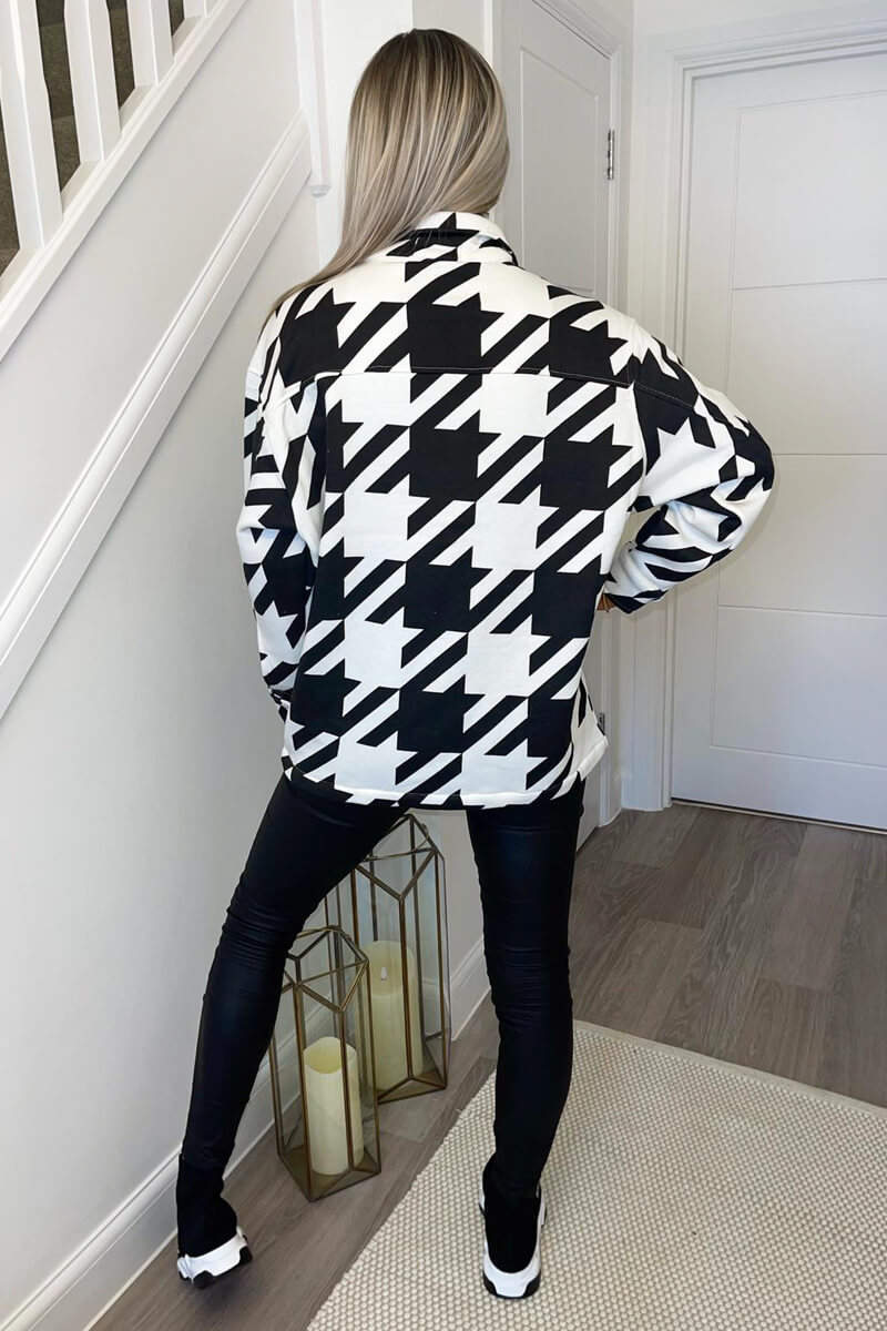 Black Large Dogtooth Print Shirt Jacket - Swimclubus