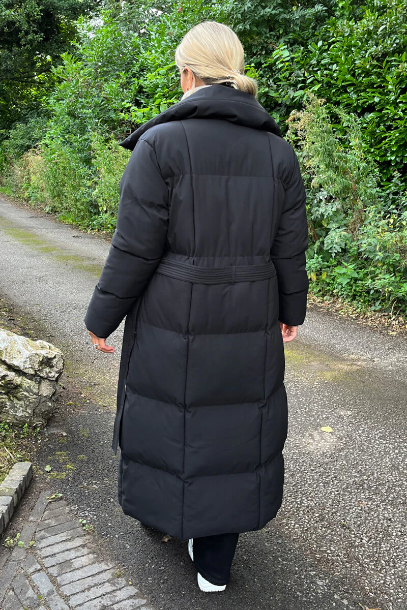 Black Tie Waist Quilted Longline Puffer Coat - Swimclubus