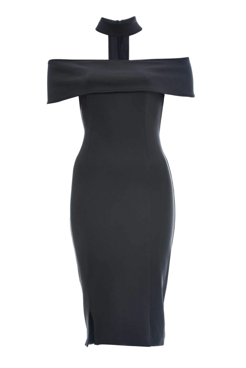 Black Strapless Midi Dress with Choker Detail - Swimclubus
