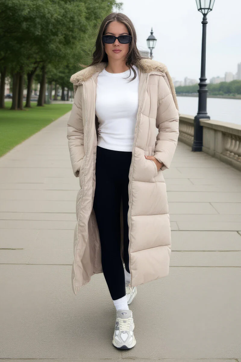 Cream Split Hood Longline Puffer Coat - Swimclubus