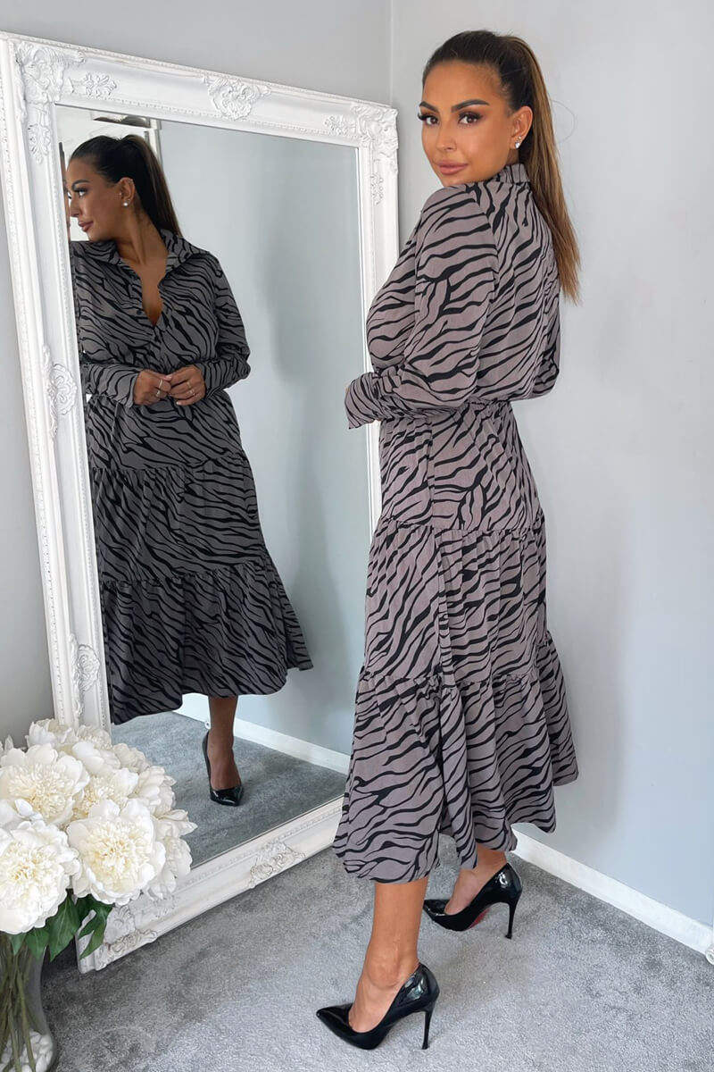 Grey Animal Print Button Up Midi Dress - Swimclubus