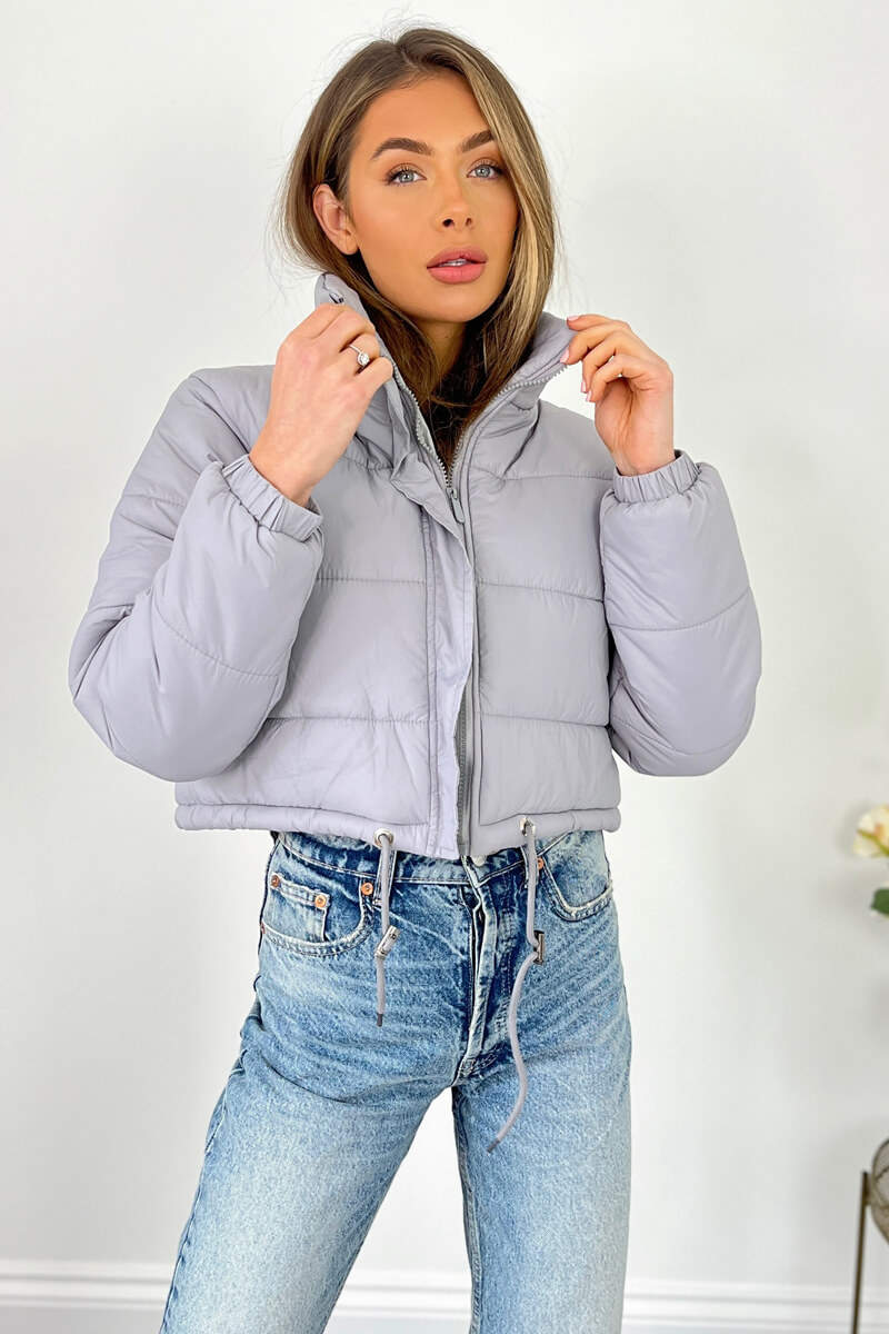 Light Grey Cropped Puffer Jacket - Swimclubus