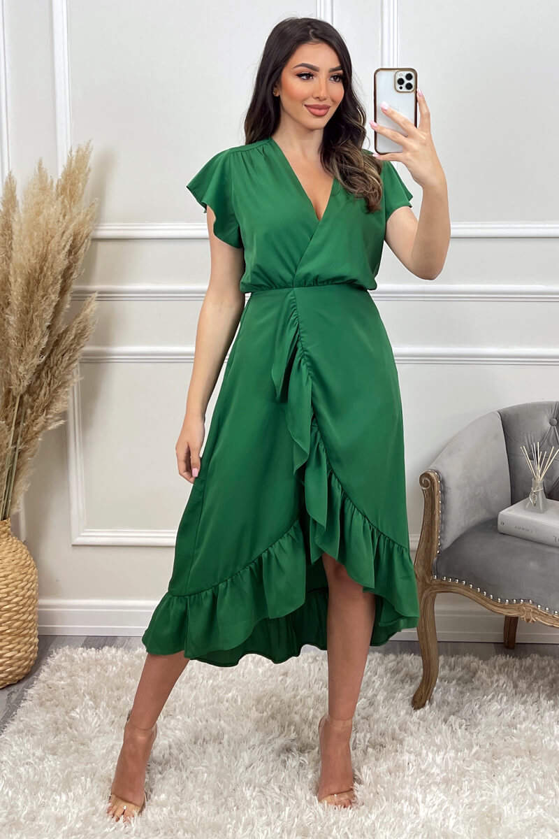 Green Wrap Over Frill Hem Short Sleeve Midi Dress - Swimclubus