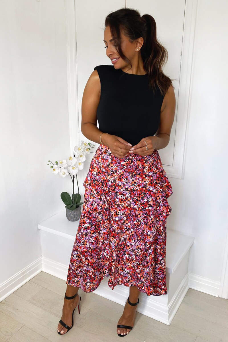 Red Printed Skirt 2 in 1 Midi Dress - Swimclubus