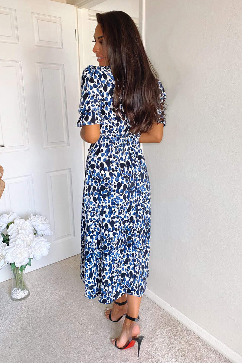 Blue Printed Wrap Tie Midi Dress - Swimclubus