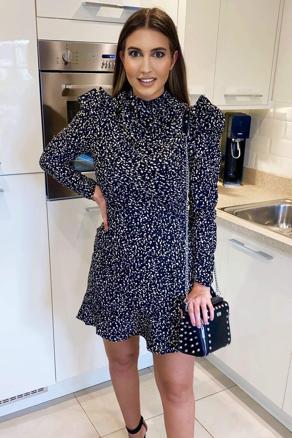 Black Printed Puff Sleeve Skater Dress - Swimclubus
