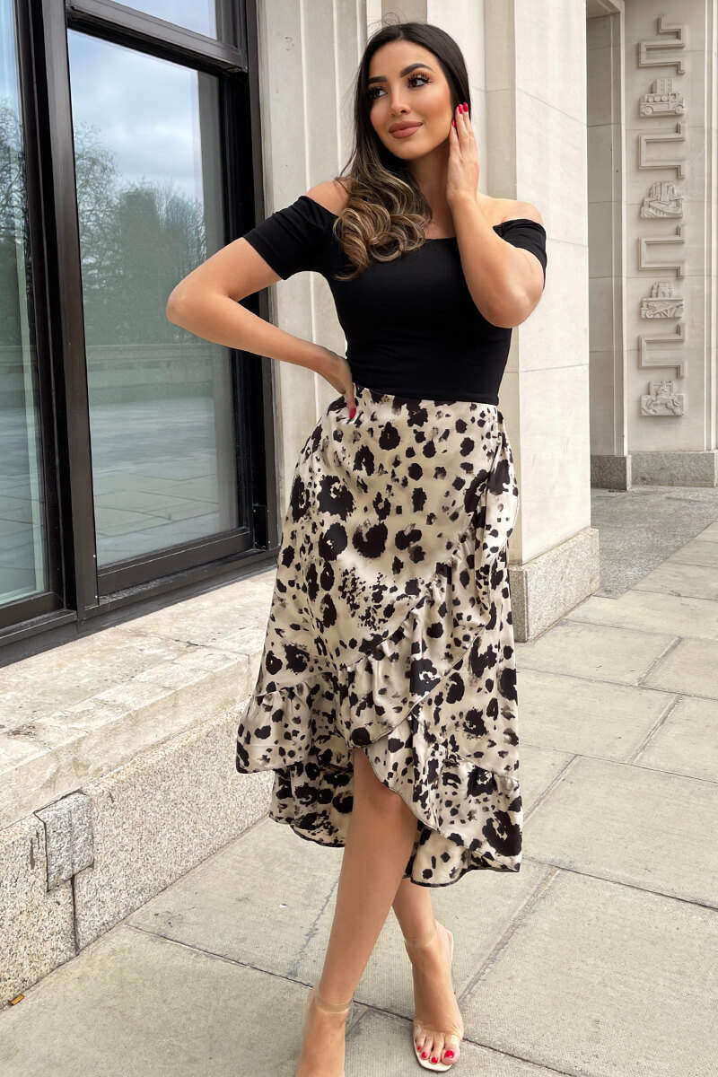 Black and Stone Printed 2 in 1 Bardot Midi Dress - Swimclubus