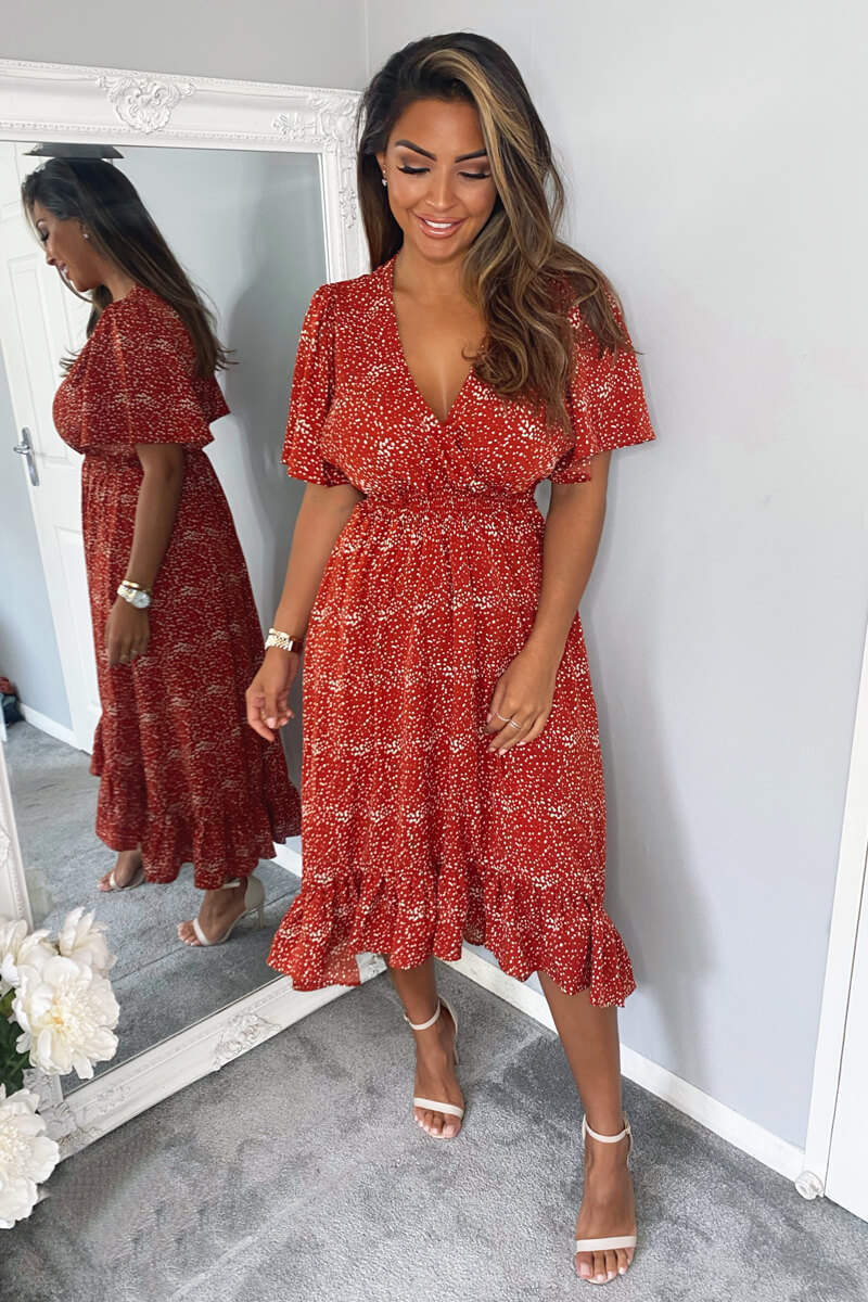 Rust Dot Printed Elasticated Waist Midi Dress - Swimclubus