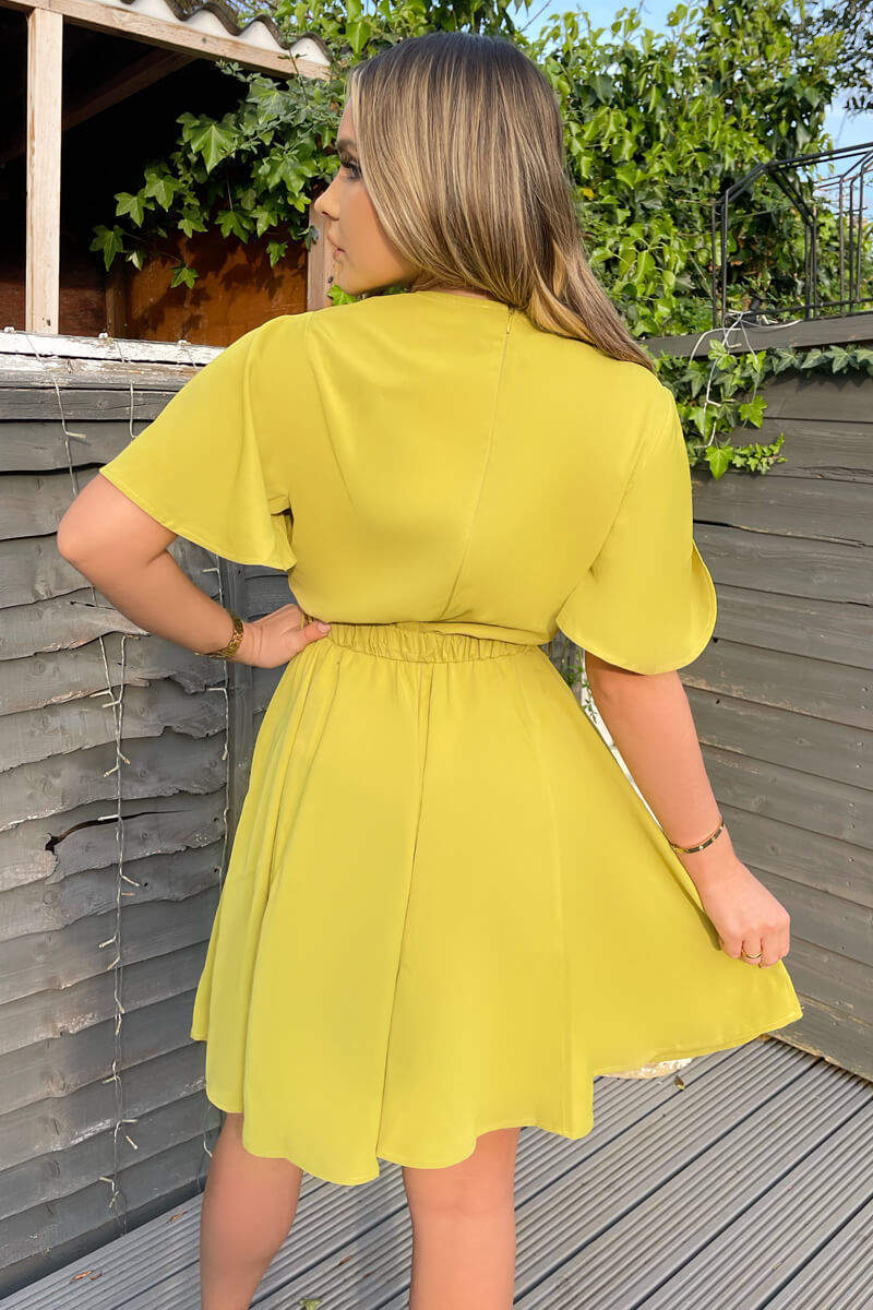 Lime Wrap Over Belted Skater Dress With Short Sleeves - Swimclubus