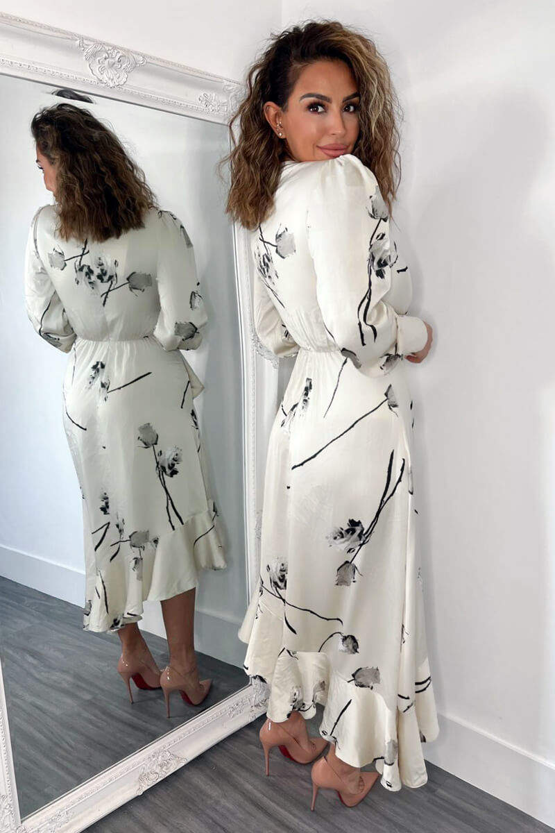Stone Floral Printed Wrap Over Long Sleeve Dress - Swimclubus