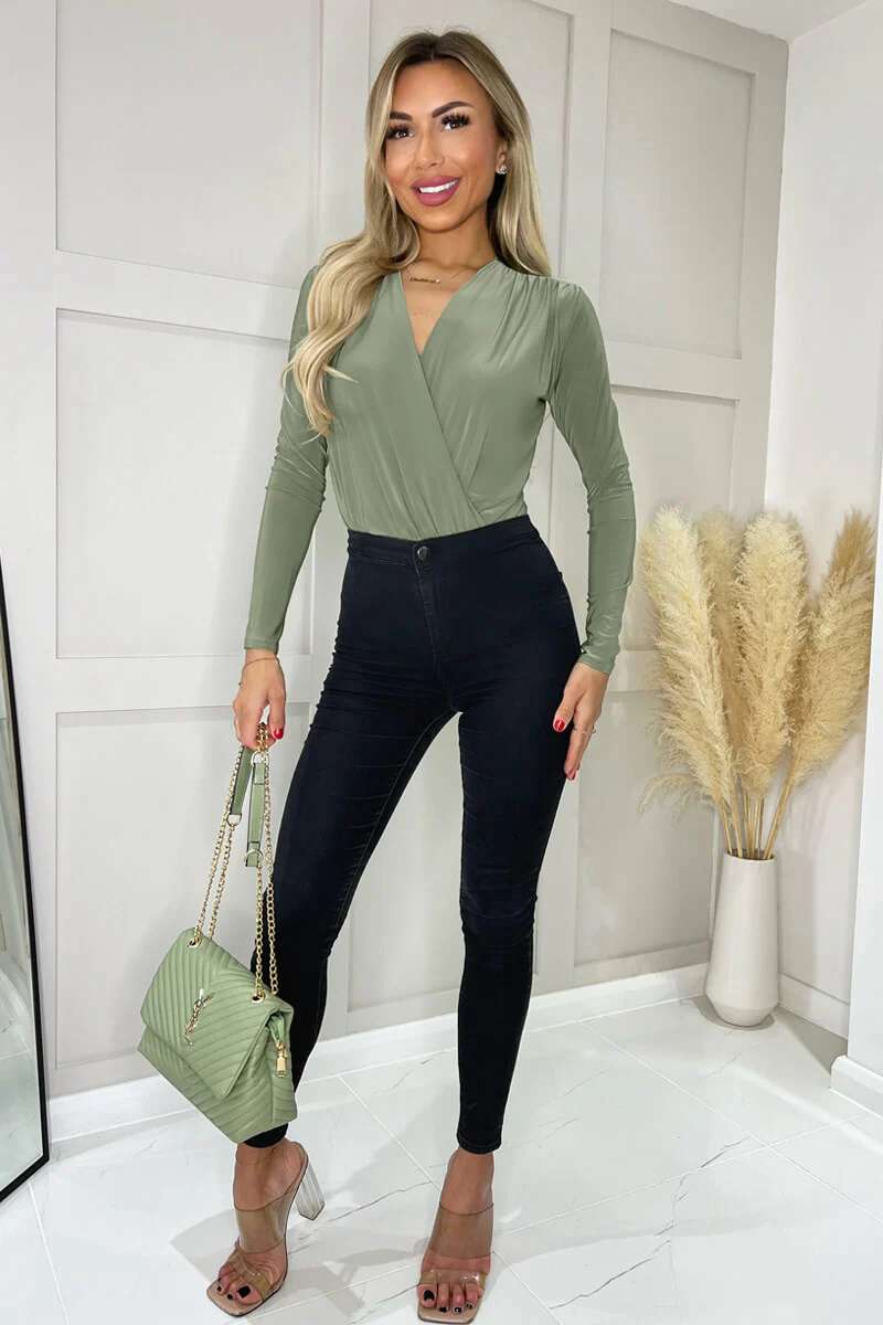 Khaki Wrap Top Long Sleeve Slinky Bodysuit - Swimclubus