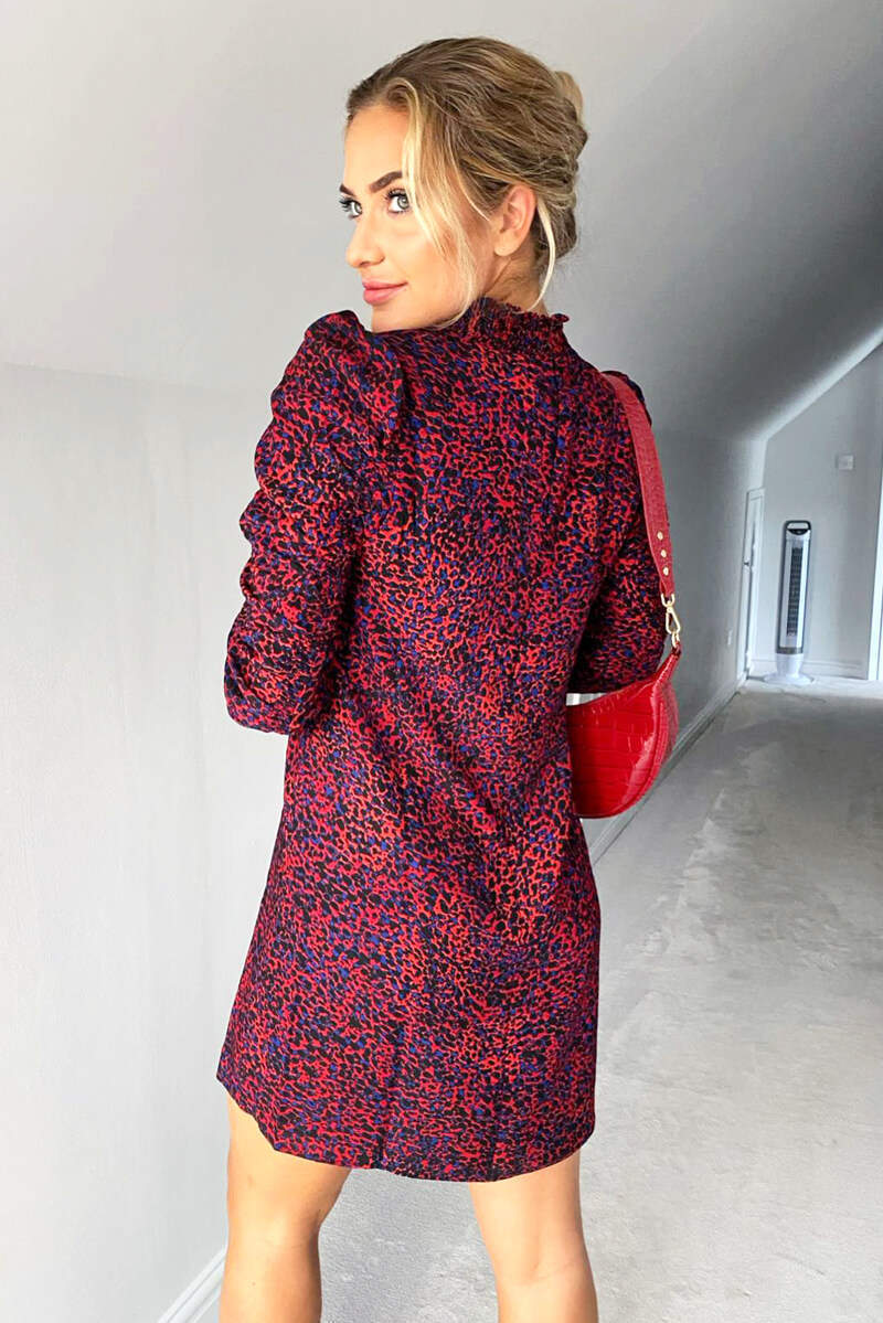 Red Printed Ruched Sleeve Dress - Swimclubus