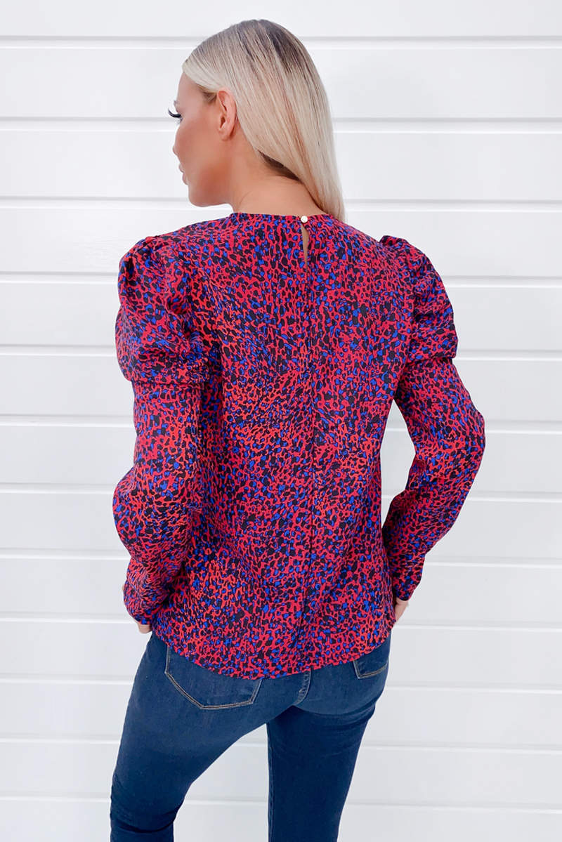 Red Animal Printed Puff Sleeve Blouse - Swimclubus