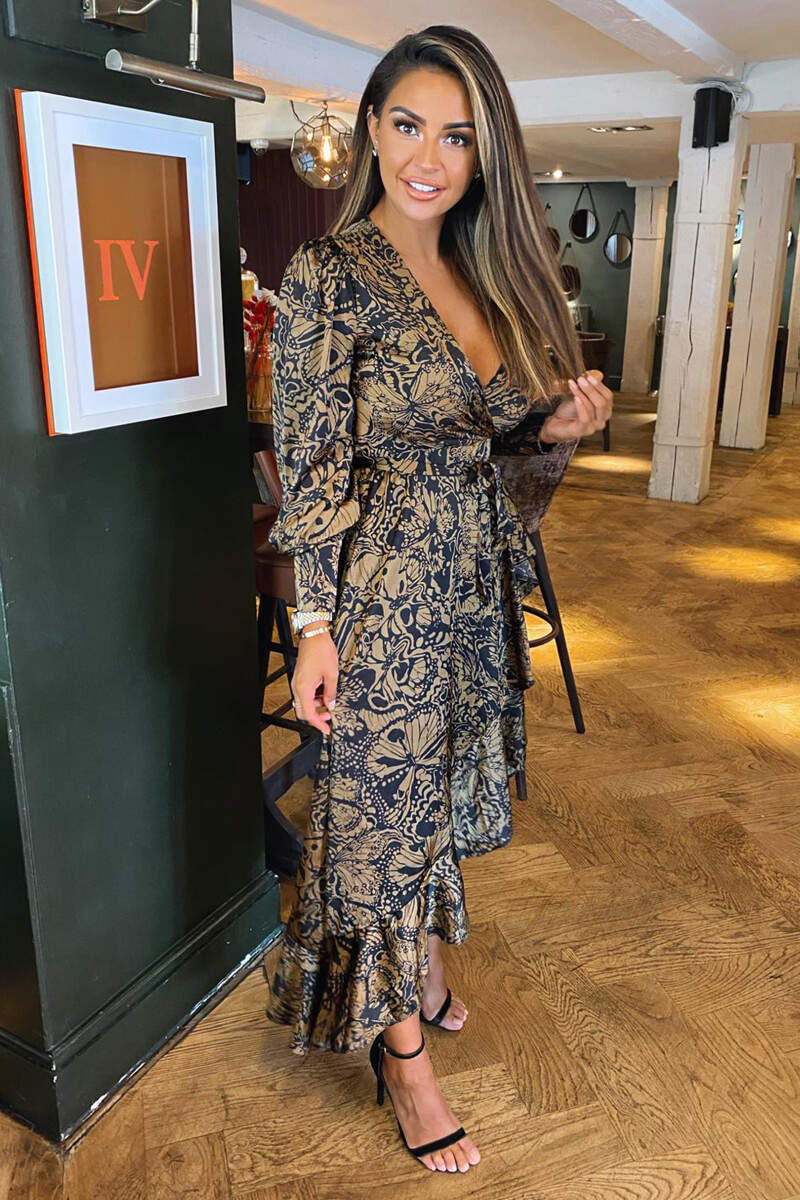 Black Butterfly Printed Wrap Midi Dress - Swimclubus