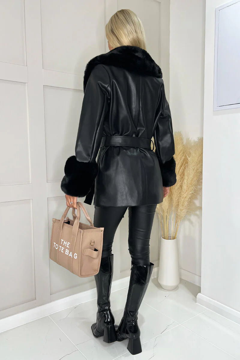 Black Faux Fur Trim Leather Look Short Coat - Swimclubus