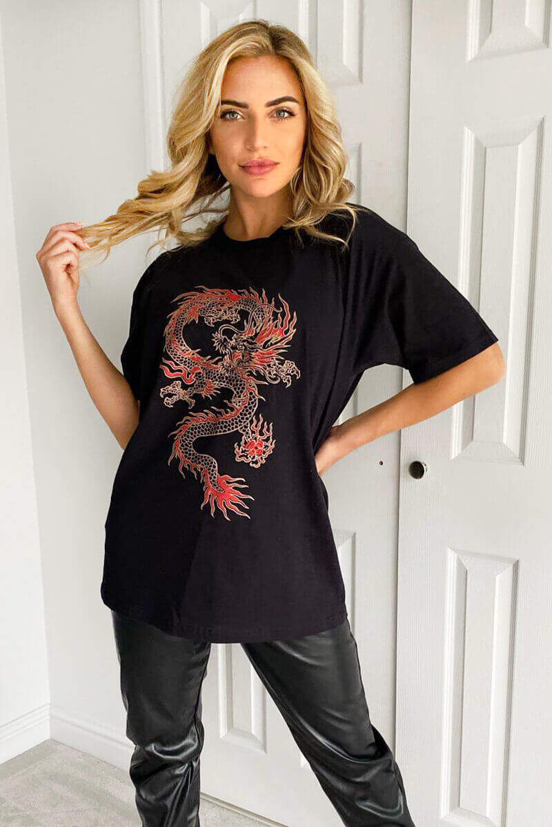 Black Dragon Printed Oversized Tee - Swimclubus