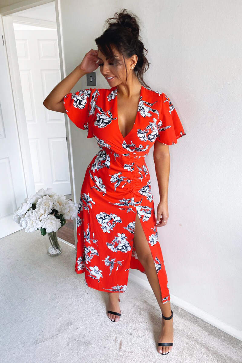 Red Floral Print Bell Sleeve Midi Dress - Swimclubus