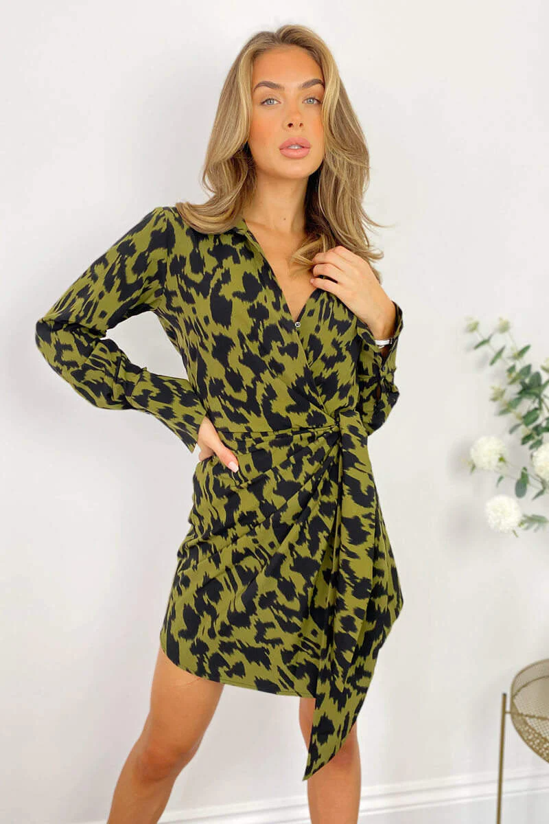 Khaki Tie Wrap Long Sleeve Mini Dress - Swimclubus