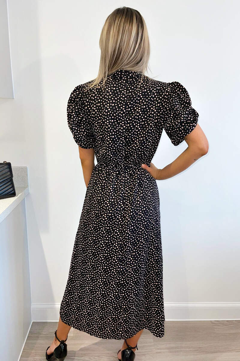 Black and Pink Polka Dot Puff Sleeve Midi Dress - Swimclubus