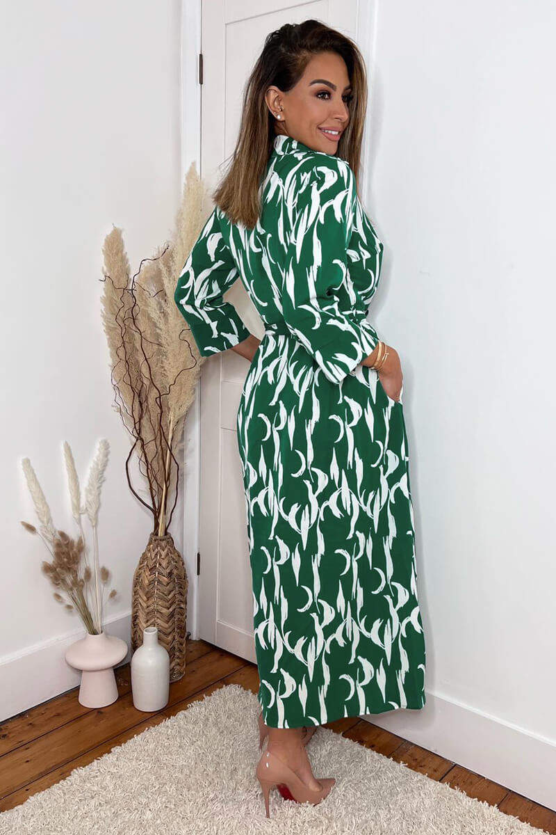 Green And White Printed Button Up Long Sleeve Midi Dress - Swimclubus